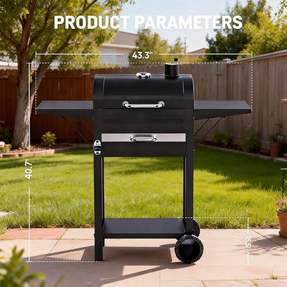 Charcoal Grills with Two Side Tables, 20-In Outdoor Smoker Barbecue Bbq Grill with 334 Sq. In Cooking Area for Camping, Patio,Backyard Party, Picnic, Black