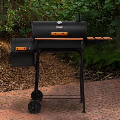 Royal Gourmet CC1624W Barrel Charcoal Grill with Offset Smoker, 552 Sq. In. Cooking Area, Wooden Front and Side Shelf with Hooks, Mesh Bottom Shelf, Charcoal Grill for Outdoor Grilling, Black