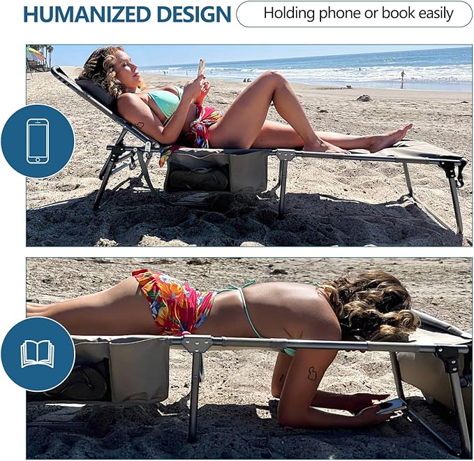 Tanning Chair with Face Hole, Adjustable Folding Chaise Lounge Chairs for Outside with Detachable Pillow & Pocket，Portable flat beach chairs for sunbathing, beach lawns camping (Deep Grey, Oversized)