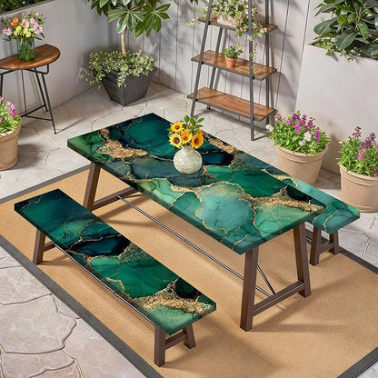 Marble Picnic Table Cover with Table Cover, Elastic Tablecloth for Outdoor Picnic Tables, Jade Green and Gold Texture Design, Tablecloth for Camping, Barbecue and Terrace Dining