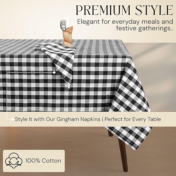 Gingham Buffalo Check 60"x84" Tablecloth 100% Cotton Washable Rustic Rectangle Table Cover Decorative for Gifts, Dining, BBQ, Buffet Parties & Camping - Black