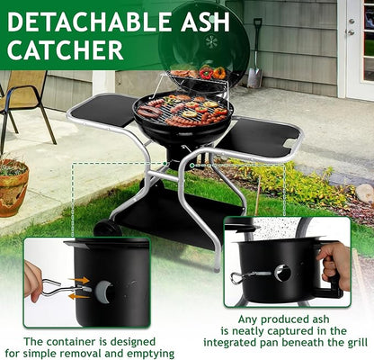 LEADZM 22.5 inch Kettle Charcoal Grill with Side Table&Ash Catcher, Portable Round Barbecue Grill with Wheels for Outdoor, Great for Small Patio Backyard, Camping, Picnics, Backyard BBQs, Black