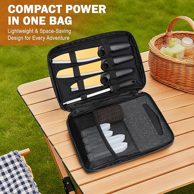 Outdoor Santoku Knife Set – 3 Titanium-Coated Knives with Grip Ring Handles, Sharpener, Cutting Board, Seasoning Bottles & Travel Case – Portable BBQ, RV & Beach Cooking Kit