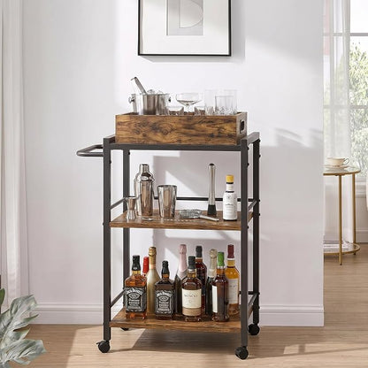 3-Tier Rolling Bar Cart with Removable Tray for Home Kitchen | Rolling Wheels with Handle, 3-Tier Storage, Removable Serving Tray, Sturdy Frame, Multi-Purpose for Kitchen & Bar Use