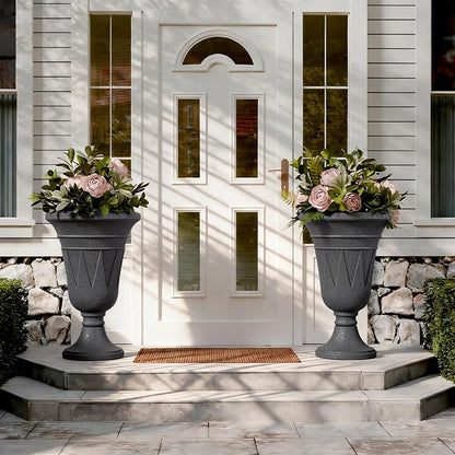 24"Tall Urn Planters for Outdoor Plants, Urns and Pedestal Set of 2 | Resin HDPE Weather-Resistant Material, Vintage Trophy Design Outdoor Planters with Drainage Holes, Flower Pot/Vase/Porch Door