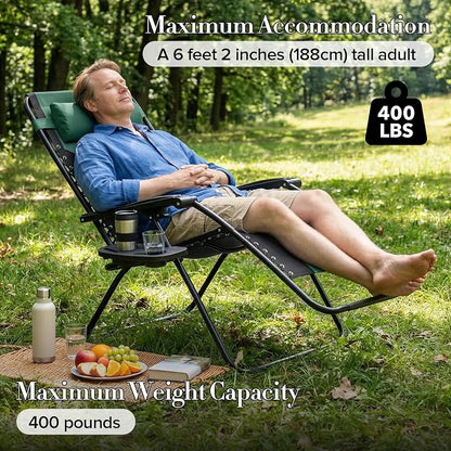 NEWBULIG Padded Zero Gravity Chair, Folding Lounge Chair Outdoor, Green | Foldable Beach Camping Recliner Chair with Adjustable Pillow and Trays for Poolside Lawn Patio