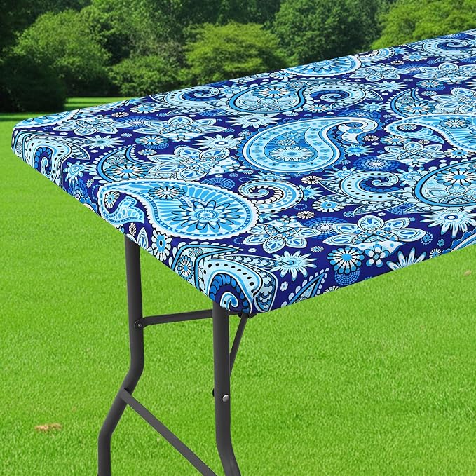 Smiry Spandex Fitted Tablecloth for 6 Foot Rectangle Tables, Washable Picnic Table Cover with Elastic, Stretch Reusable Table Cloth for Outdoor, Camping, Dining & Kitchen (Blue Paisley, 30"x72")