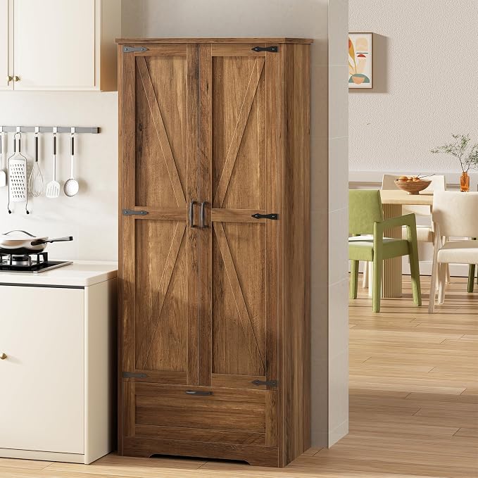 Shintenchi Kitchen Pantry Cabinet, Freestanding Farmhouse Storage Cabinet with 4 Shelves and 1 Drawer, Tall Cupboard for Kitchen, Living Room, Dining Room and Bathroom, Rustic Brown
