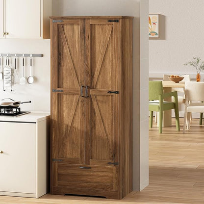 Shintenchi Kitchen Pantry Cabinet, Freestanding Farmhouse Storage Cabinet with 4 Shelves and 1 Drawer, Tall Cupboard for Kitchen, Living Room, Dining Room and Bathroom, Rustic Brown