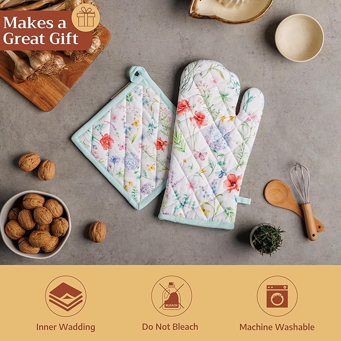 Maison d'Hermine Oven Gloves 100% Cotton Oven Mitt 7" x 13" with Loop Heat Resistant BBQ Cooking Gloves Baking Grilling Kitchen Hotel Home Farmhouse Spring Summer (Pack of 1, Just Floral)