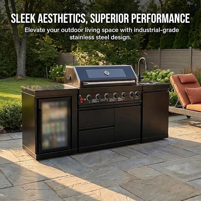 82 Inch Outdoor Kitchen Island, 6-Burner 85000 BTU Propane Stainless Steel BBQ with Side/Rear Burners, With Refrigerator and Sink, Rotisserie, Marble Countertops, Storage, For Backyard BBQ