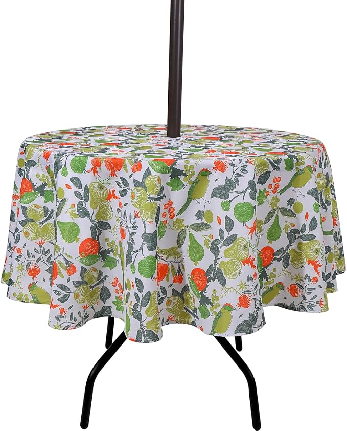 SUQ I OME Outdoor Patio Tablecloth, Bird Plants, 60'' Round with Zipper | Umbrella Hole, Zipper, Garden Tablecloth, For Backyard Parties, BBQs, Family Gatherings