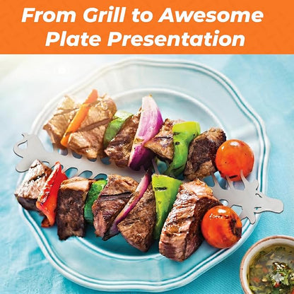 Proud Grill Slide & Serve BBQ Skewers, Grilling Accessories, 12", Set of 2 | Reusable Stainless-Steel Barbecue Skewers, Ideal for Shish Kabobs, Beef, Pork, Chicken, Shrimp & Vegetables, BBQ Tool Sets