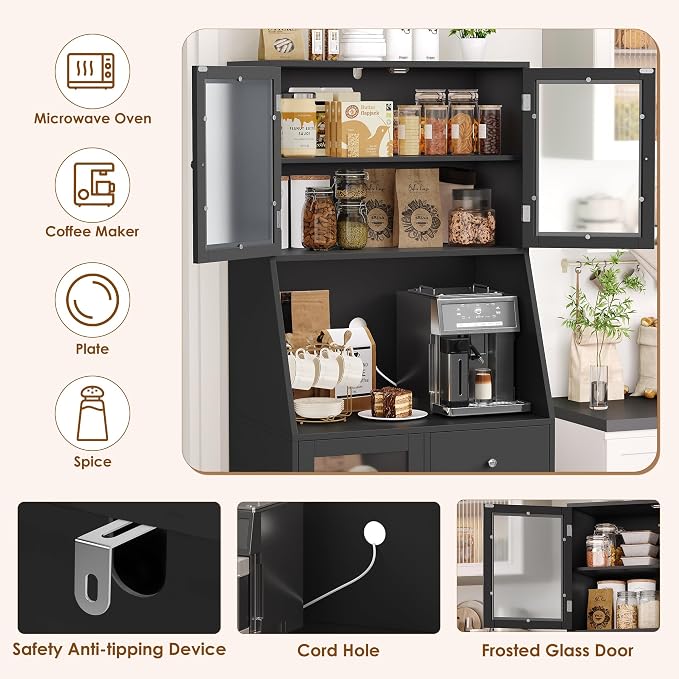 BOTLOG 64'' Kitchen Pantry Storage Cabinet, Tall Kitchen Storage Cabinet with Microwave Stand, Hutch Cabinet with Adjustable Shelves, for Dining Room, Black | Save Space, Frosted Glass Door, Hutch Cabinet with Adjustable Shelves, for Dining Room (Black)