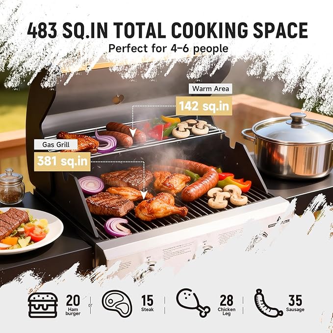 Redlife 3 Burner Propane Gas Grill, 30,000 BTU Outdoor BBQ Grill with Cast Iron Cooking Grates, Stainless Steel Warming Rack, Built-in Thermometer, Side Shelves, Removable Grease Tray, Yellow