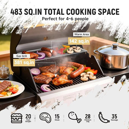 Redlife 3 Burner Propane Gas Grill, 30,000 BTU Outdoor BBQ Grill with Cast Iron Cooking Grates, Stainless Steel Warming Rack, Built-in Thermometer, Side Shelves, Removable Grease Tray, Yellow