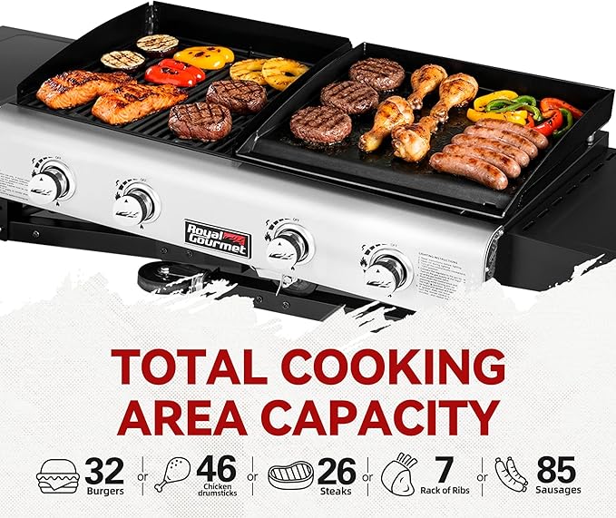 Royal Gourmet GD401 Portable Propane Gas Grill and Griddle Combo with Side Table | 4-Burner, Folding Legs,Versatile, Outdoor | Black 66 Inch