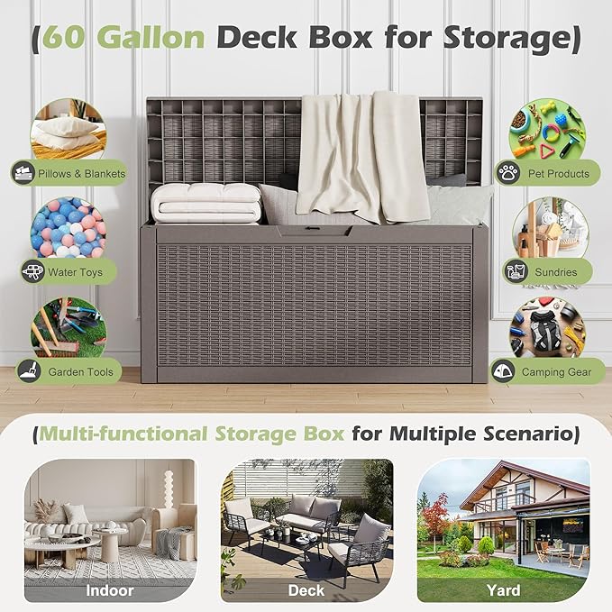 60 Gallon Outdoor Storage Deck Box Waterproof,Large Resin Storage Container for Outside,Patio Accessories for Outsid,Backyard Delivery Boxes,Lockable Lid,Rattan Gray