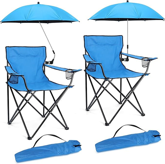 HaSteeL 2PCS Camping Chairs with Detachable Umbrella, Folding Beach Chair for Adults, Large Portable Foldable Chair for Outdoors Fishing Hiking Travel Picnic Lawn, Supports 275lbs, Storage Bags, Blue