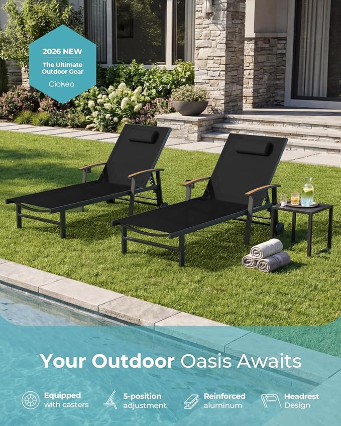 Ciokea Outdoor Lounge Chair with Pillow Set of 4, 5-Position Chaise Lounges with Wheels & Armrests, 400 lbs Heavy Duty Aluminum Pool Lounge Chairs, for Deck, Beach, Backyard & Poolside, Black