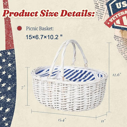 Wicker Picnic Basket 15"x11"x7" Insulated Liner Blue White Stars | Insulated Zip Liner Helps Keep Drinks and Snacks Cool, Sturdy Woven Basket Suits Parks, Camping, Holidays and Gift Giving