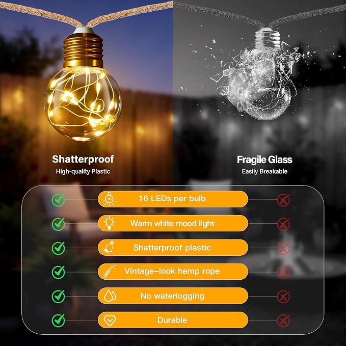 Ollny 26FT Solar String Lights Outdoor, Waterproof Remote Control Patio Lights with 16 LED Shatterproof Bulbs, Dimmable Timers & 8Modes Memory Function Vintage Hemp Rope Lights for Garden Bistro Fence