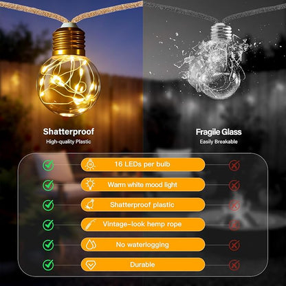 Ollny 26FT Solar String Lights Outdoor, Waterproof Remote Control Patio Lights with 16 LED Shatterproof Bulbs, Dimmable Timers & 8Modes Memory Function Vintage Hemp Rope Lights for Garden Bistro Fence