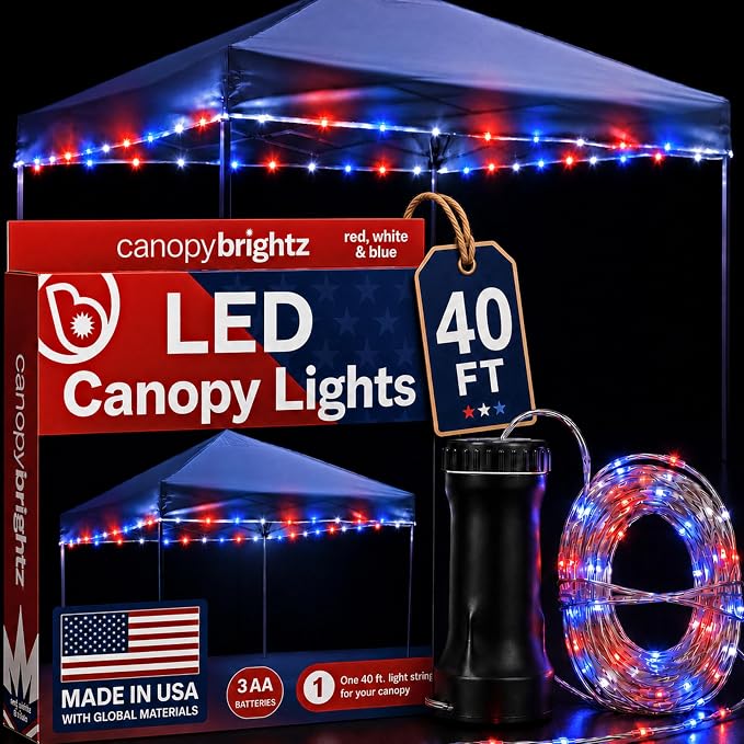 Brightz LED Patriotic Canopy Lights - 40 ft Red White & Blue String Lights - 4th of July Golf Cart Decorations - Made in USA with Globally Sourced Materials, Battery Powered 60 LEDs, 24+ Hour Runtime