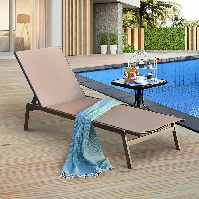 Tangkula Outdoor Chaise Lounge Chair Set of 2, 6-Position Adjustable Reclining Chair with Breathable Fabric and Heavy Duty Steel Frame, Patio Lounge Chair for Garden, Backyard and Poolside (2, Brown)