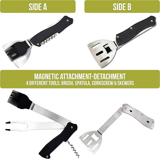 Iconikal 4-in-1 Folding Collapsible Swiss Camping Grilling Tool, Turner, Brush, Fork, Corkscrew