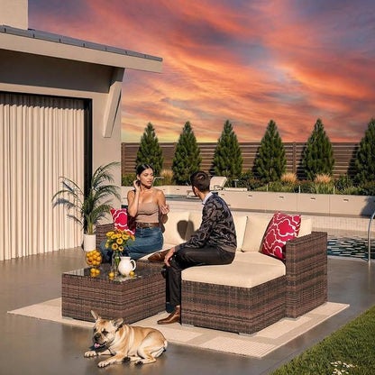 5-Piece Patio Sectional Sofa Set, All-Weather Brown PE Rattan Outdoor Conversation Furniture with Neutral-Tone Cushions, Glass Coffee Table & Footstool, Modular Design for Garden, Porch, Balcony, Pool