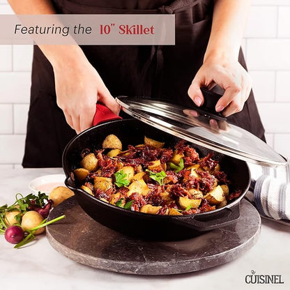 Cuisinel Cast Iron Cookware Set - 6-Pieces Pre-Seasoned Kit: 10"+12" Skillet + Glass Lids + Pizza Pan + Pan Rack Organizer + Silicone Handle Covers + Scraper/Cleaner - Grill, Camping, Indoor/Outdoor