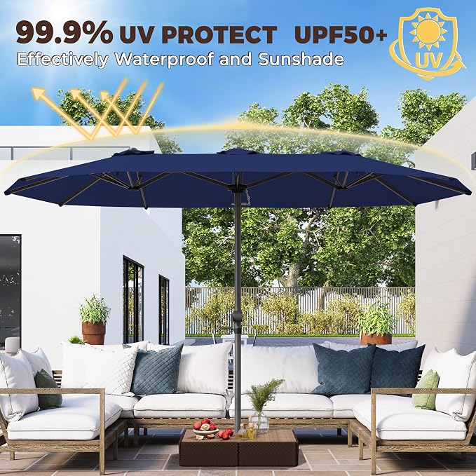 GDPFN 15FT Large Patio Umbrella, Outdoor Deck Standing Umbrella with Crank Handle, Double-Side Rectangular Pool Umbrella for Outside, Market, Patio, Navy Blue (Base Not Include)