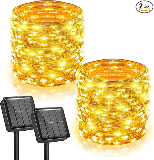 Minetom 2 Pack Solar Fairy Lights, Total 66 FT 200 LED Solar String Lights Outdoor Waterproof with 8 Modes, Christmas Lights for Outside Patio Fence Party Garden Yard Holiday Tree Decor (Warm White)