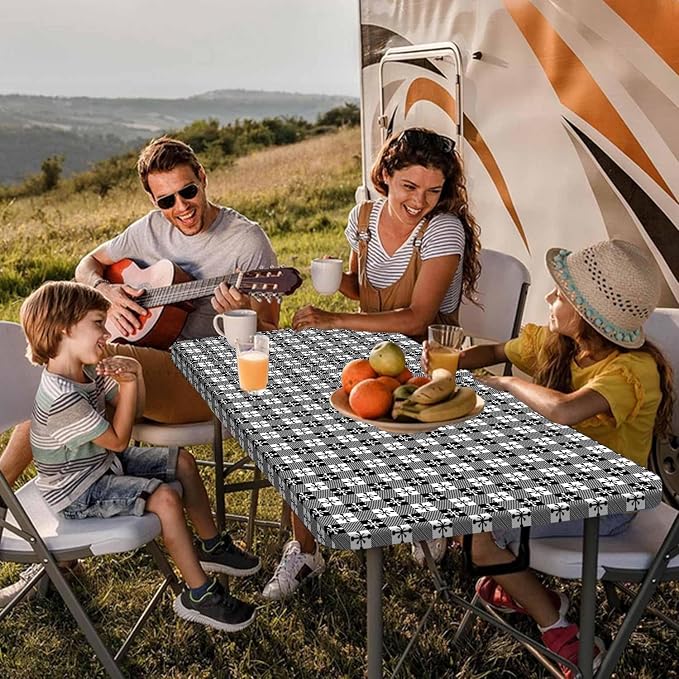Picnic Table Cover with Bench Covers and Bag, Camping Essentials, Buffalo Plaid Waterproof and Windproof, Fitted Tablecloth Cover with Elastic Edge, for Outdoor, 3 PCS, (Black & White, 30"x72")