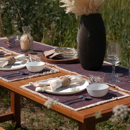 Hausattire Cotton Frayed Placemats Set of 6 Dining Table 14x14 Inch | Rustic Vintage Boho Washable Easter Placemat for Outdoor Parties BBQ's Spring, Holiday, Special Occasions, Nubby Cotton - Plum