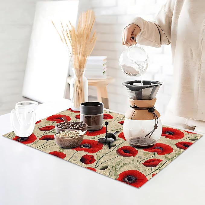Poppy Flowers Placemats Set of 6,Red Bright Table Mates Non-Slip Heat Resistant Washable Linen Place Mats for Party Kitchen Dining Decoration Indoor Outdoor 12"x18"