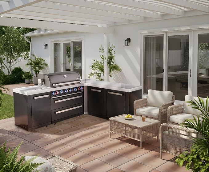 Mont Alpi 94"W x 75"D Black Stainless Steel L-shaped Modular Outdoor Kitchen Island + Rotisserie & Side Burners + 44"W 6-Burner BBQ Gas Grill + White Granite Countertops + Storage Cabinets & Drawers
