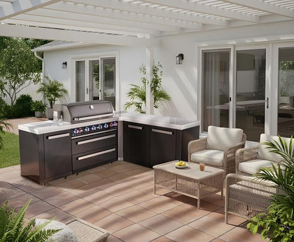 Mont Alpi 94"W x 75"D Black Stainless Steel L-shaped Modular Outdoor Kitchen Island + Rotisserie & Side Burners + 44"W 6-Burner BBQ Gas Grill + White Granite Countertops + Storage Cabinets & Drawers