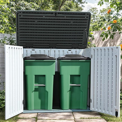 YITAHOME Large Outdoor Horizontal Storage Shed, 47 cu ft Resin Tool Shed w/o Shelf, Outdoor Waterproof Storage with Floor for Trash Cans, Garden Tools, Lawn Mower, Lockable, 4.5x2.8x3.9 ft, Light Gray