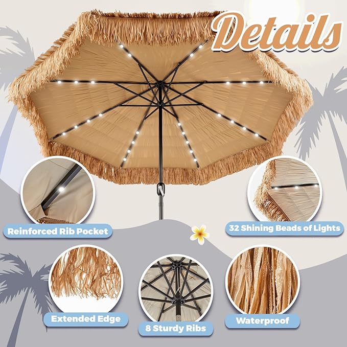 CroBlissful 10 ft Solar Tiki Umbrella with 32 LED Lights, Hula Thatched Patio Umbrella, UPF 50+, Hawaiian Style Beach Umbrellas for Garden, Beach, Pool, and Backyard