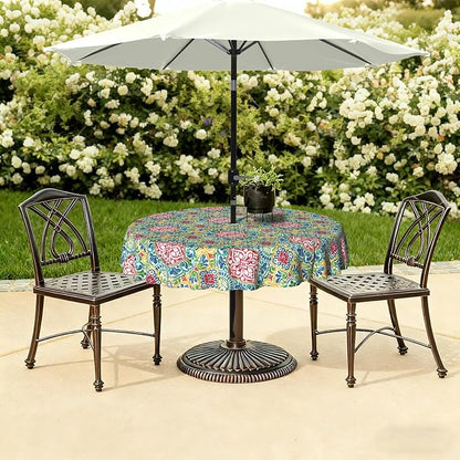 LVTXIII Round Outdoor Tablecloth with Umbrella Hole and Zipper, Water-Repellent 60 Inch Patio Table Cover for Bistro, Garden, Patio & Picnic, Damask Red