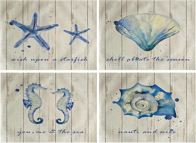 4Pack Vintage Sea Placemats Wood Grain Starfish Hippocampus Seashells Ocean Theme Table Mats Waterproof Heat Resistant Washable Non-Slip Place Mats for Dinner Room Kitchen Decor Table 12”×16”