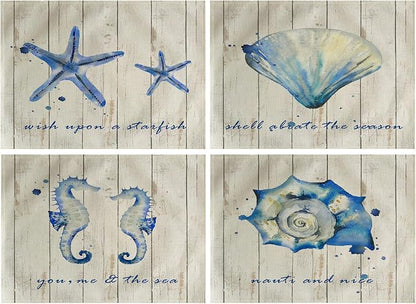 4Pack Vintage Sea Placemats Wood Grain Starfish Hippocampus Seashells Ocean Theme Table Mats Waterproof Heat Resistant Washable Non-Slip Place Mats for Dinner Room Kitchen Decor Table 12”×16”