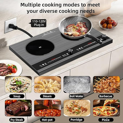 2 burner induction cooktop,110V 3000W 2 burner induction plate with Brushed Panel LED Knob Control, induction stove top with 9 Power Levels, Kids Lock & Timer,24 Inch double induction cooktop