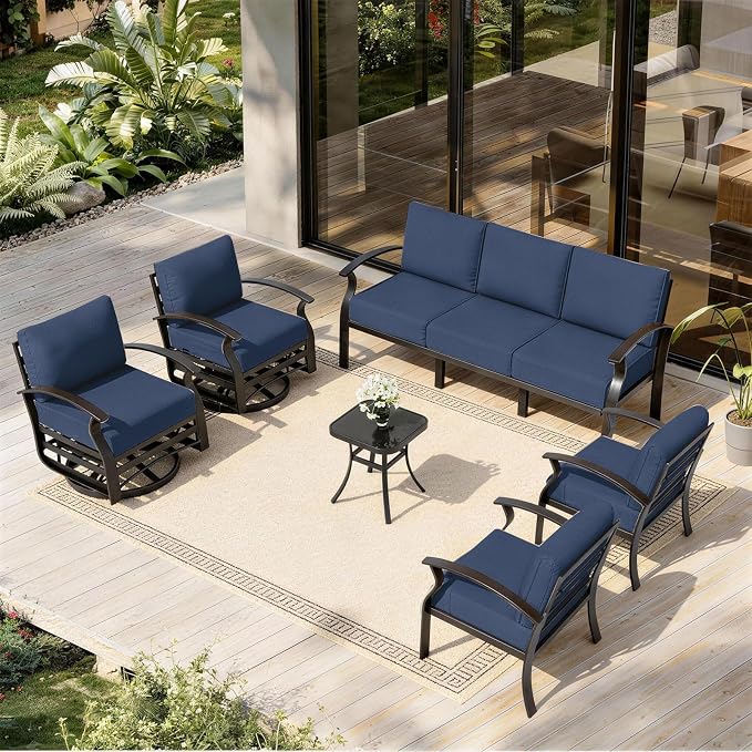 ALAULM Aluminum Patio Furniture Set with 2 Swivel Chairs 7-seat Metal Outdoor Furniture Patio Sectional Sofas Patio Conversation Set w/5.1" Cushions for Patio, Backyard, Poolside-DarkBlue