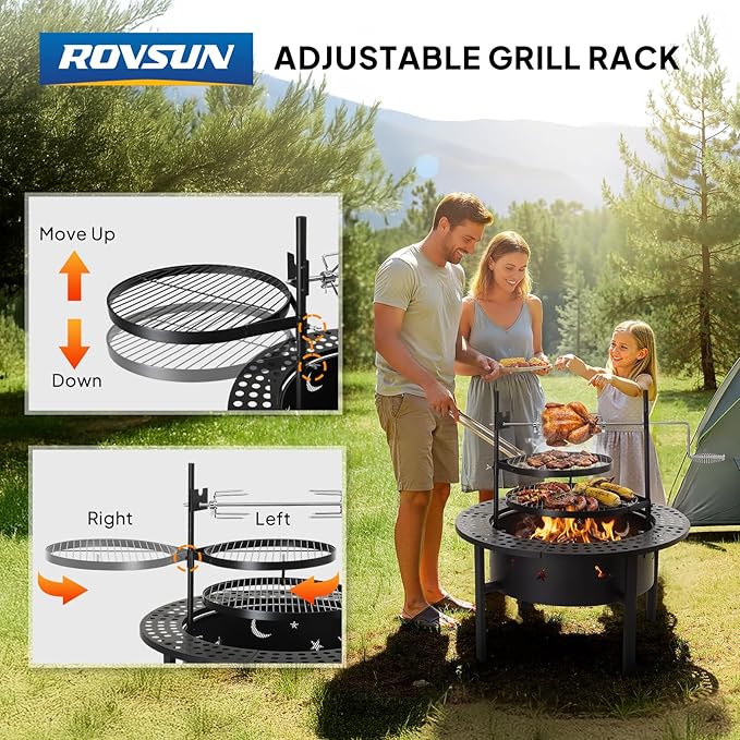 ROVSUN Upgrated 33'' Outdoor Fire Pit with 2 Grills, Grill with Side Shelves, Wood Burning Round Firepit with Swivel Cooking Grate, Removable Swivel Grill for Backyard, Patio, Picnic, BBQ and Parties