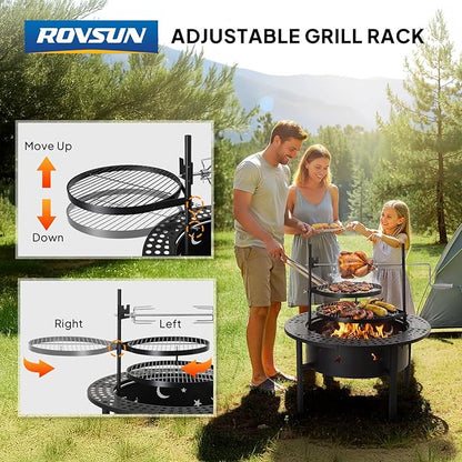ROVSUN Upgrated 33'' Outdoor Fire Pit with 2 Grills, Grill with Side Shelves, Wood Burning Round Firepit with Swivel Cooking Grate, Removable Swivel Grill for Backyard, Patio, Picnic, BBQ and Parties