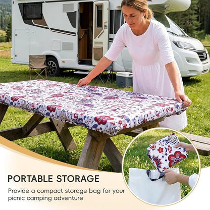 SquarePie Picnic Table Cover with Bench Covers - Waterproof Fitted Elastic Tablecloth for 6 FT Tables - Washable Polyester Camping Table Cloth for Outdoor Patio RV BBQ (Gorgeous Flowers, 30"x72")