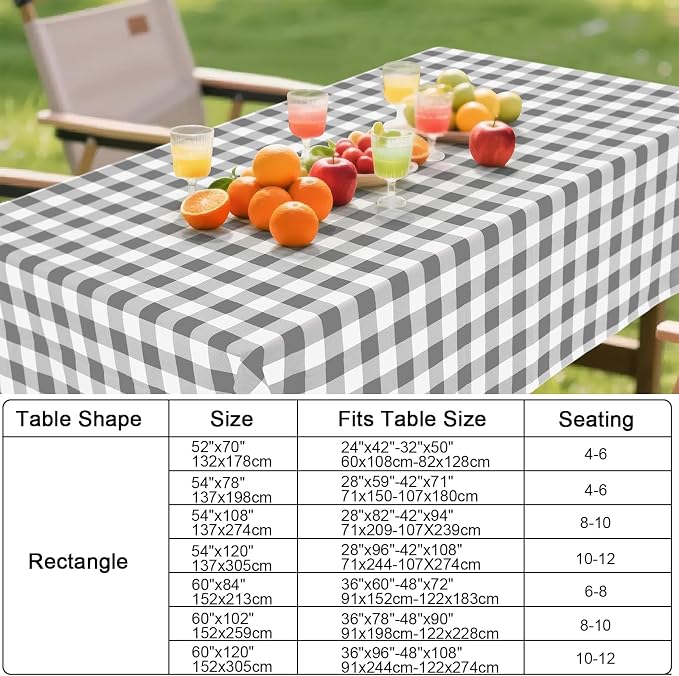 Smiry Picnic Table Cloth, Vinyl Tablecloths with Flannel Backing, 52"x70" | Waterproof Rectangle Table Cloth, Wipeable Buffalo Plaid Table Cover for Indoor and Outdoor (Grey & White)